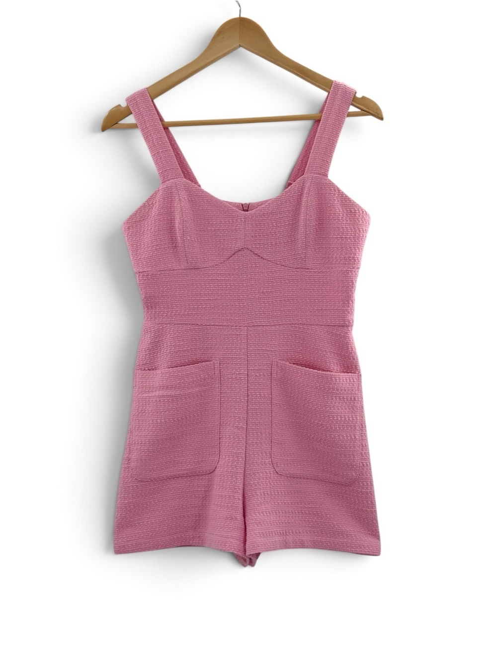 Zara Pink Textured Tweed Romper Size S Sleeveless Pocket Mini Shorts Barbie